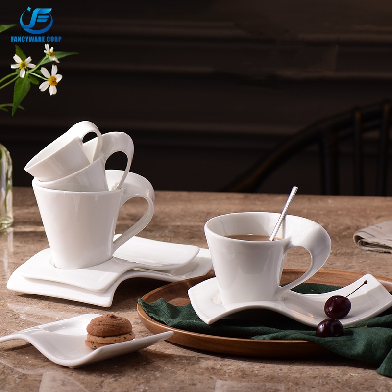 Elegant White Porcelain Wave Cappuccino Cups for Stylish Cafés and Homes