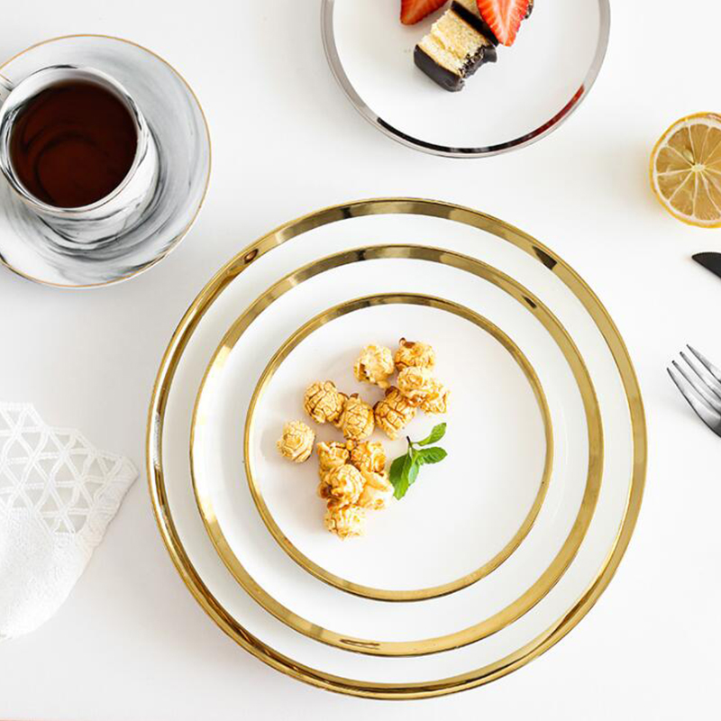 Luxury fine porcelain plates gold rim white ceramic plate